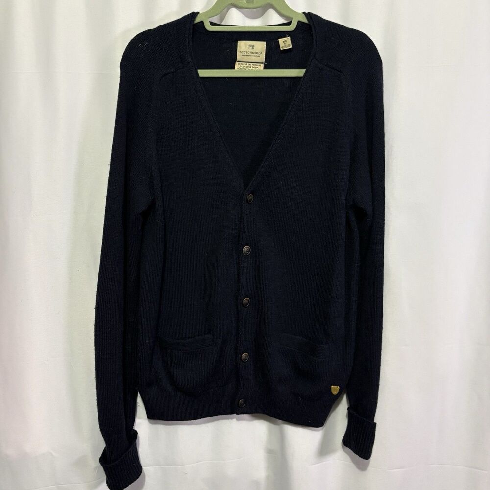 Scotch & Soda Mens M Wool Cardigan Leather Elbow Patches Navy Blue Academia